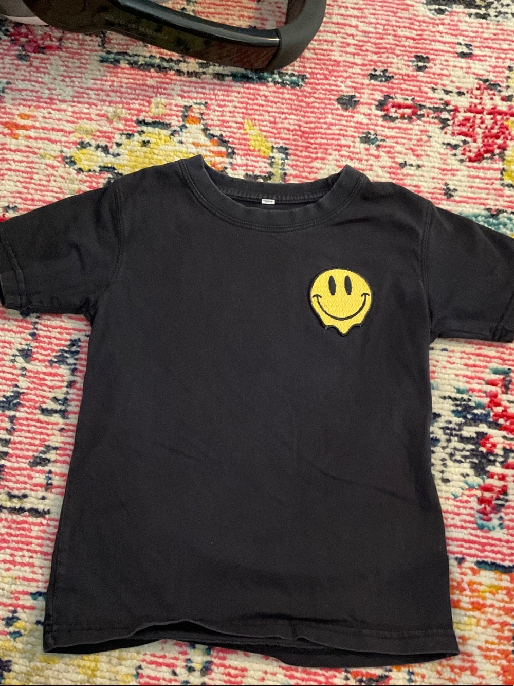 Kids Black Short-Sleeve Tee with Yellow Smiley Patch - Unbranded